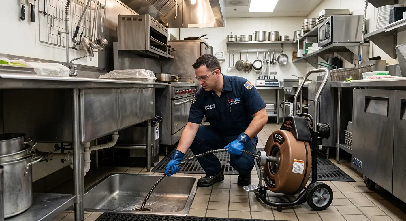 Commercial drain cleaning service in a restaurant kitchen in Hayward