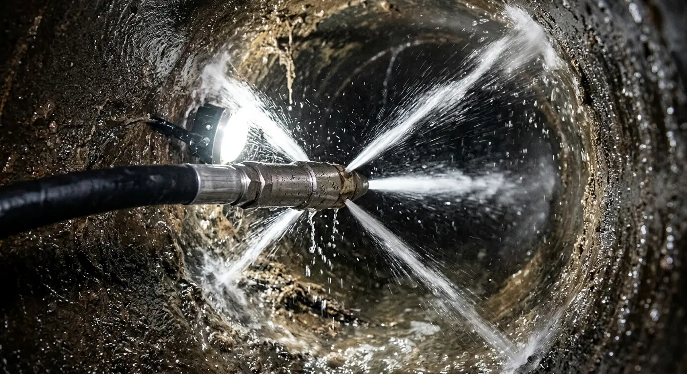 High-pressure hydro jetting nozzle cleaning sewer pipe for Sewer Cleanout in Hayward