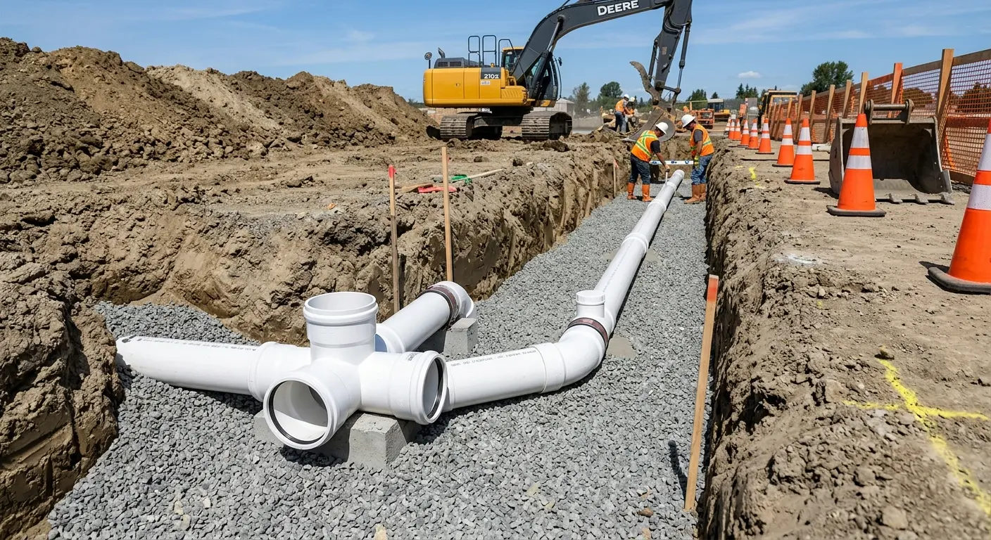 New PVC sewer pipe installation in open trench for Sewer Backup in Hayward
