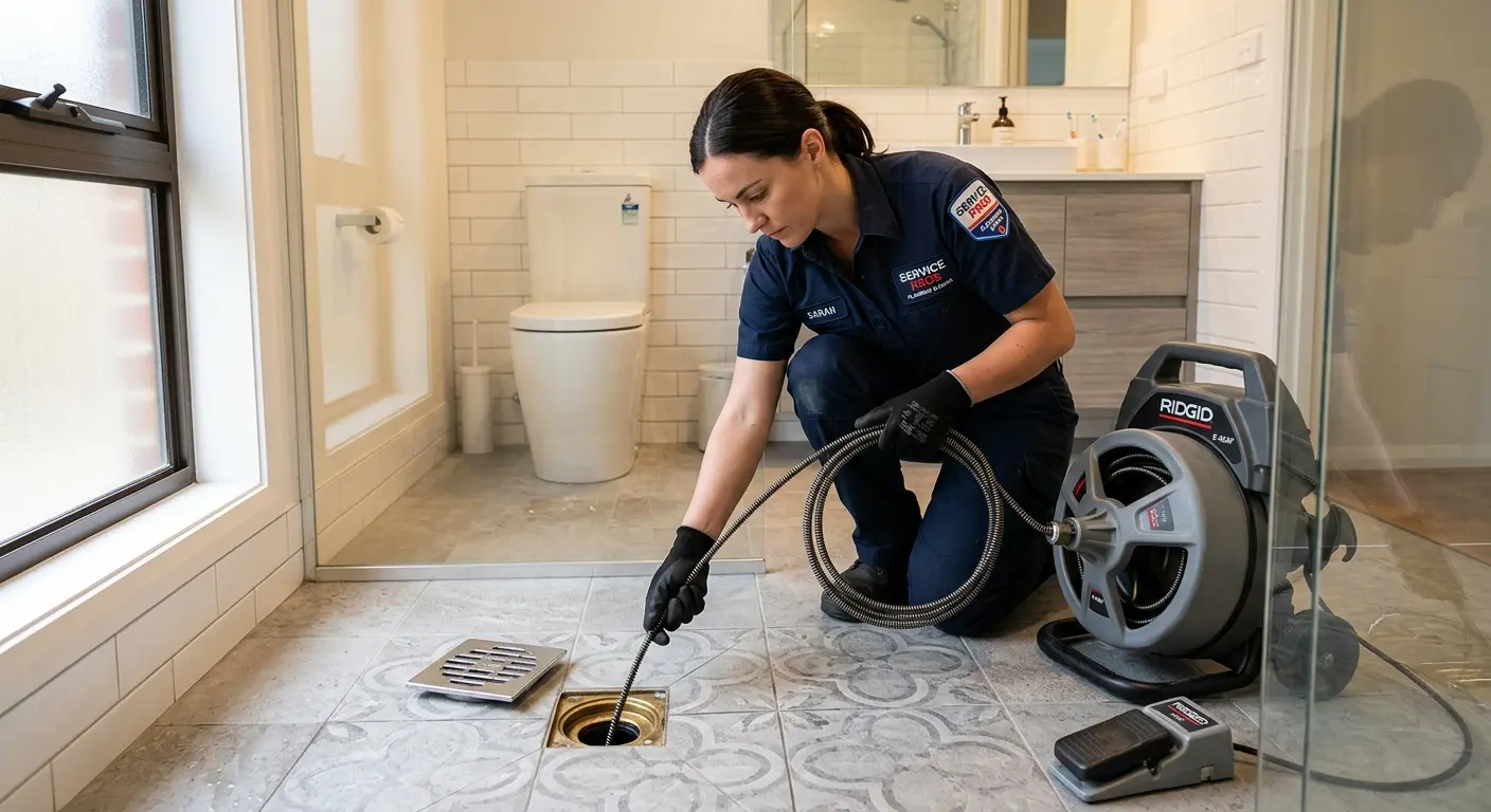 Technician clearing a bathroom floor drain for Sewer Line Replacement in Hayward
